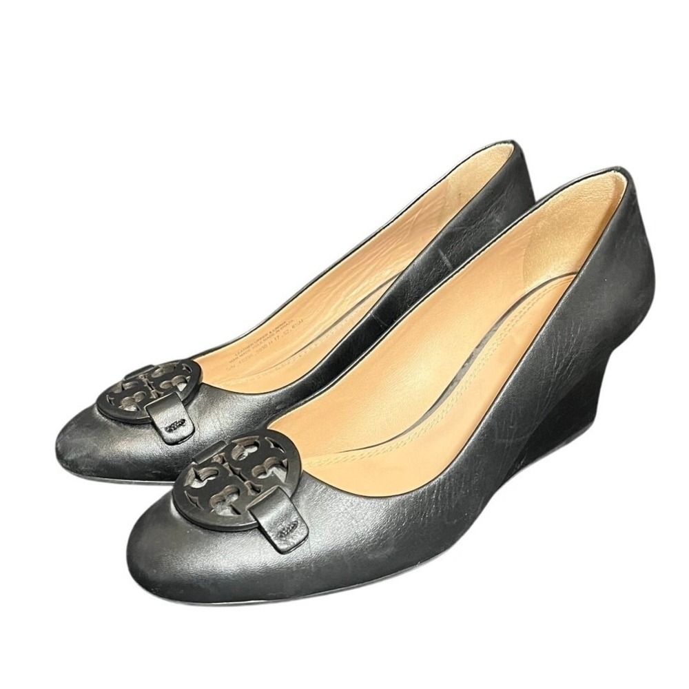 Tory Burch Miller Wedge Heels Womens 6.5 Black Leather Reva Logo Round Toe Pumps